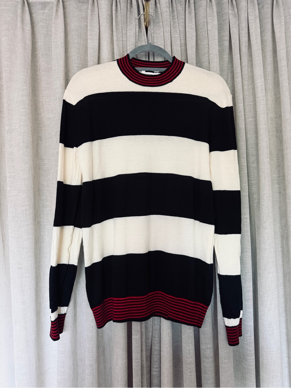 McQ by Alexander McQueen Black, White & Red Striped Crewneck Sweater